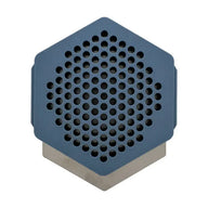 Hexagonal blue tray with a grid of holes, sitting on a metal base.