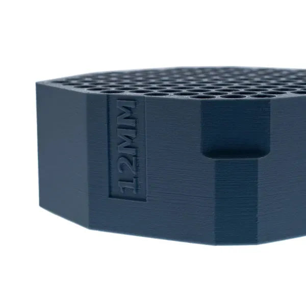 Dark blue 3D-printed 12mm insert tray with hexagonal grid pattern.