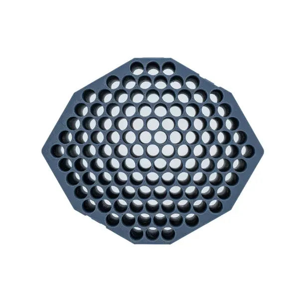 Dark grey hexagonal tray with many circular openings, for King Kone 12mm inserts.