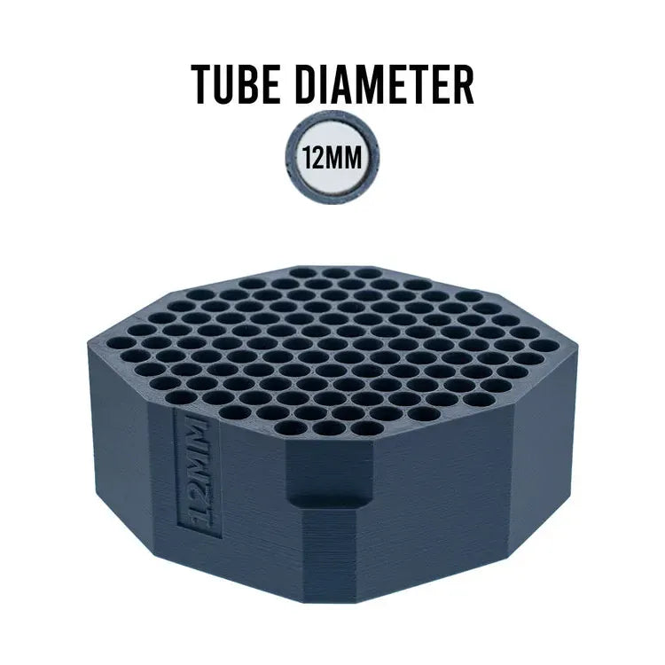 Dark gray 12mm tube holder with 12mm text and honeycomb pattern on top.