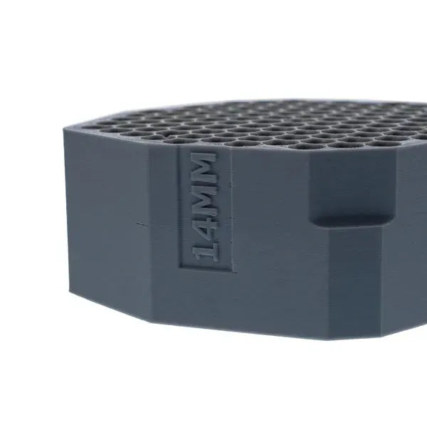Dark gray hexagonal insert tray with "14MM" embossed on the side, holding numerous small tubes.