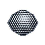 Octagonal grey tray with many circular compartments, on white background.