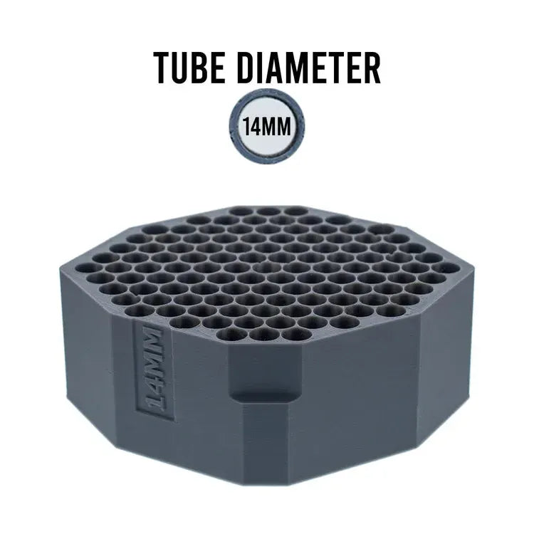 Grey 14mm tube diameter holder with 100+ hexagonal slots on white background.