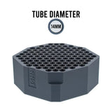 Grey 14mm tube diameter holder with 100+ hexagonal slots on white background.
