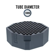 Grey 14mm tube diameter holder with 100+ hexagonal slots on white background.