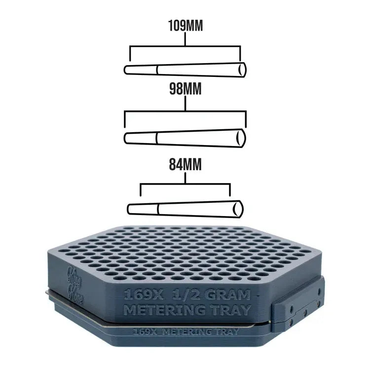 King Kone 169X 1/2 Gram Metering Tray with 109mm, 98mm, and 84mm cone guides.