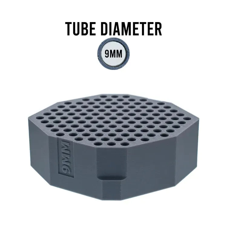 Octagonal grey tray with 9MM tube diameter, 9MM text embossed on side.