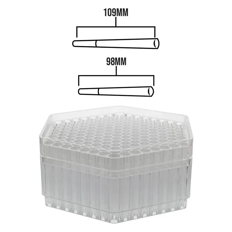 Clear hexagonal tray holding many empty pre-rolled cones, with diagrams showing 109mm and 98mm cone sizes.