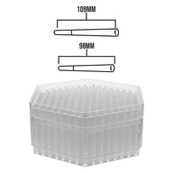 Clear hexagonal tray holding many empty pre-rolled cones, with diagrams showing 109mm and 98mm cone sizes.