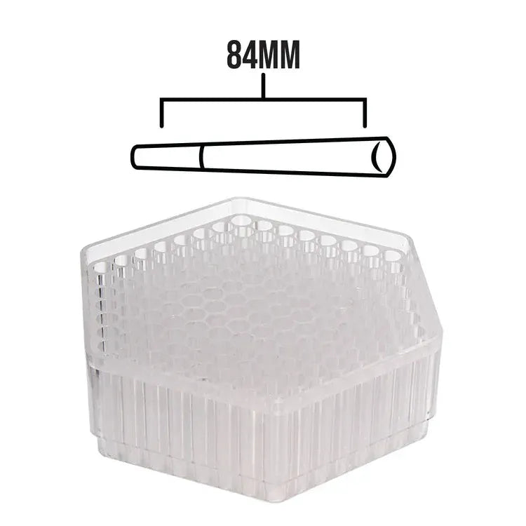 Clear hexagonal tray with honeycomb-like interior, holding pre-rolled cones. 84mm cone illustration above.