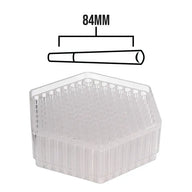 Clear hexagonal tray with honeycomb-like interior, holding pre-rolled cones. 84mm cone illustration above.