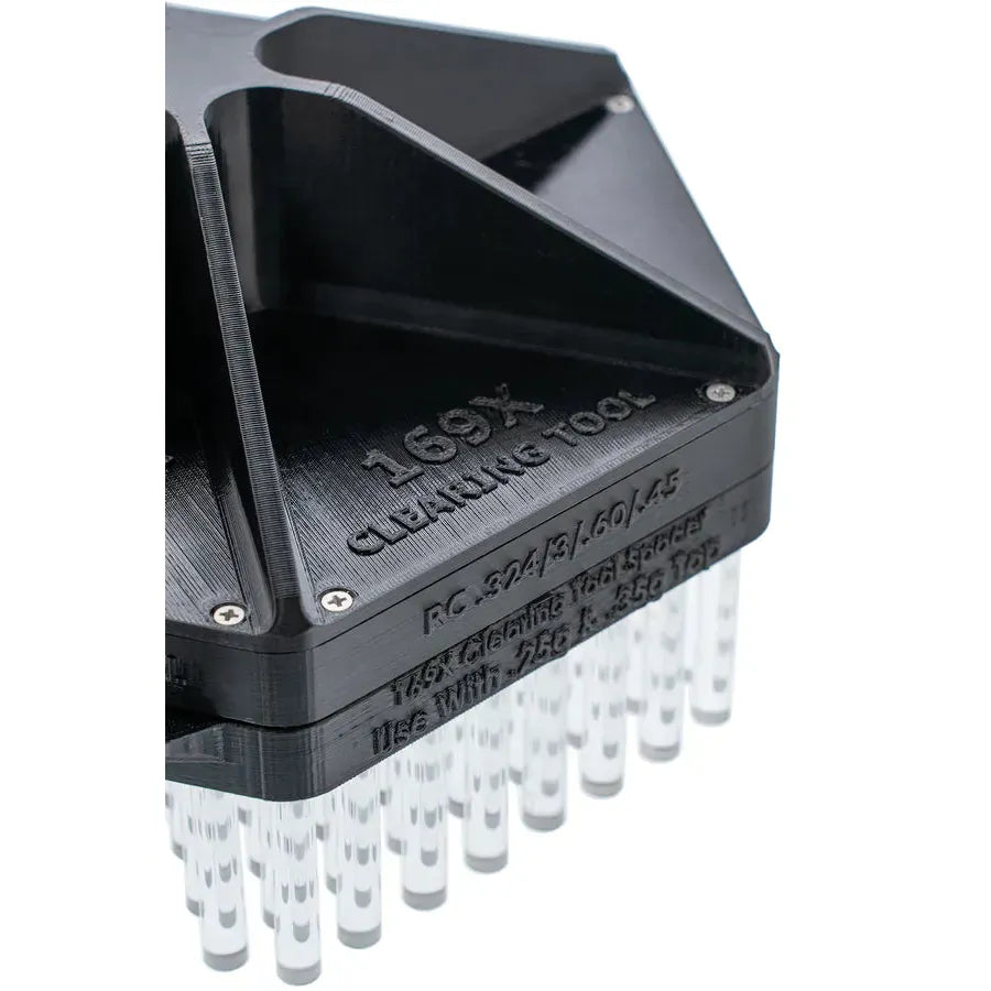 Black 3D printed tool with clear bristles for cleaning 169x tubes, 324, 360, 45 cartridges.