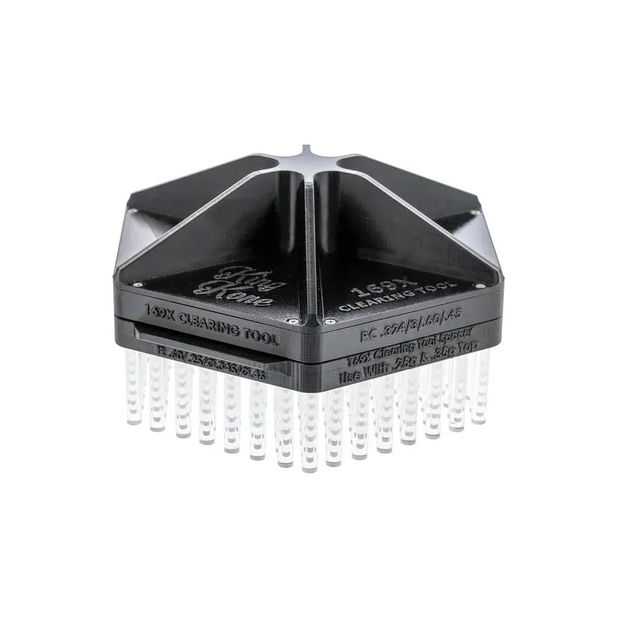 Black King Kone clearing tool with clear bristles, labeled for 169 tube metering tray.