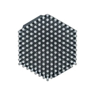 A black hexagonal tool with many silver pins sticking out.