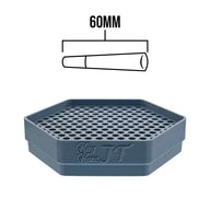 A gray hexagonal tray with multiple holes, labeled 