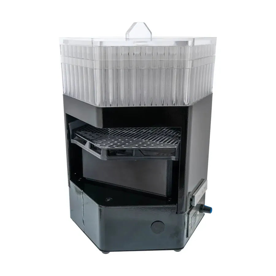 Black king cone pre-roll cone filler with clear ribbed hopper and black grate.