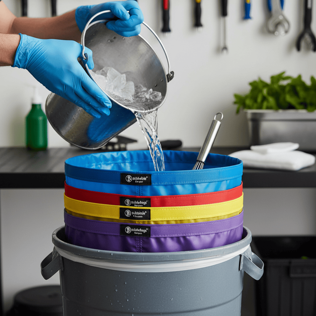Hands in blue gloves pour ice water from a metal bucket into colorful bubble bags stacked inside a grey bucket.