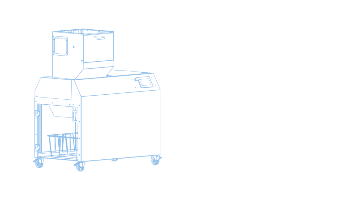 Blue line drawing of an industrial waste shredder machine with a hopper on top, a touchscreen, and wheels.