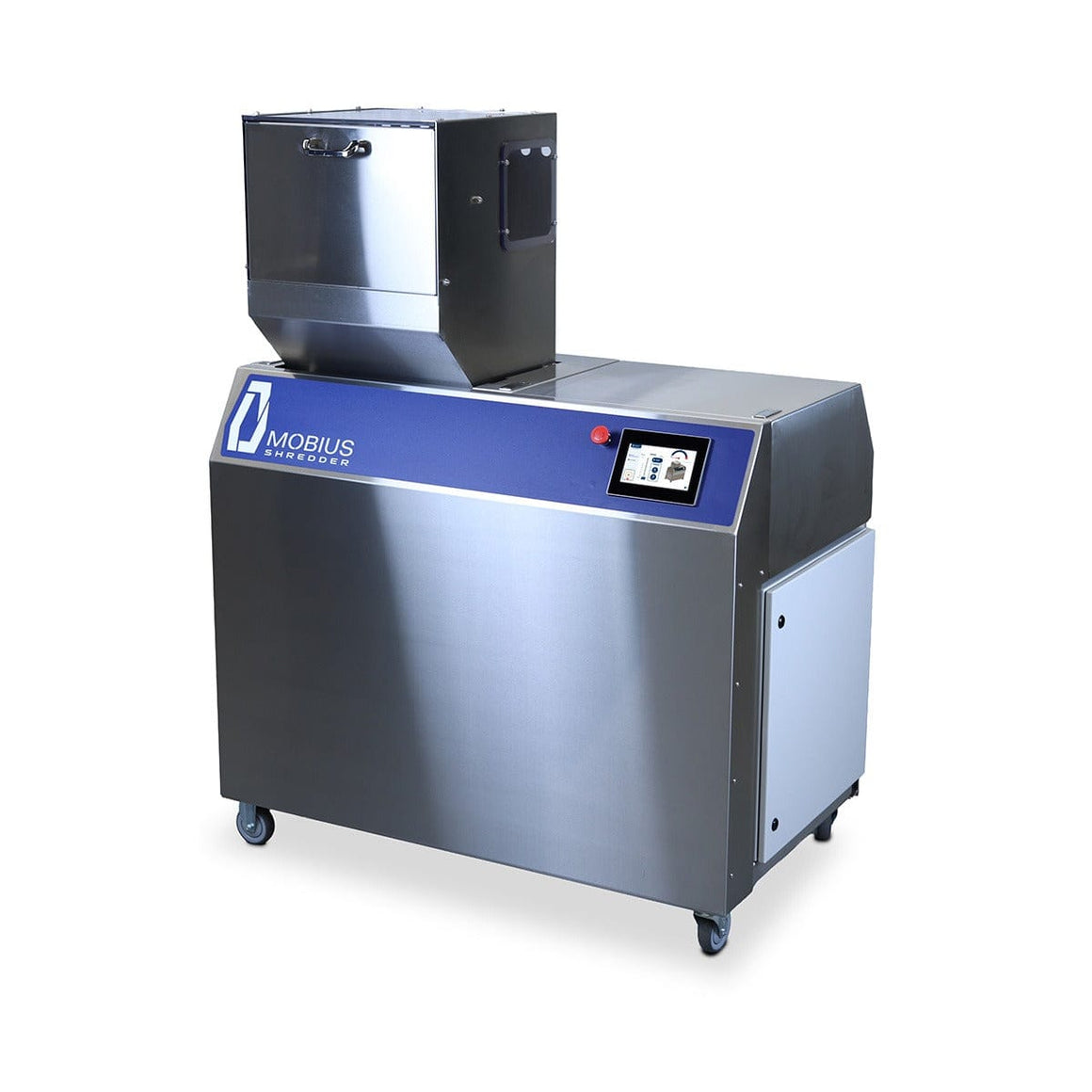 A Mobius M5 industrial waste shredder machine with a stainless steel exterior and a blue control panel.
