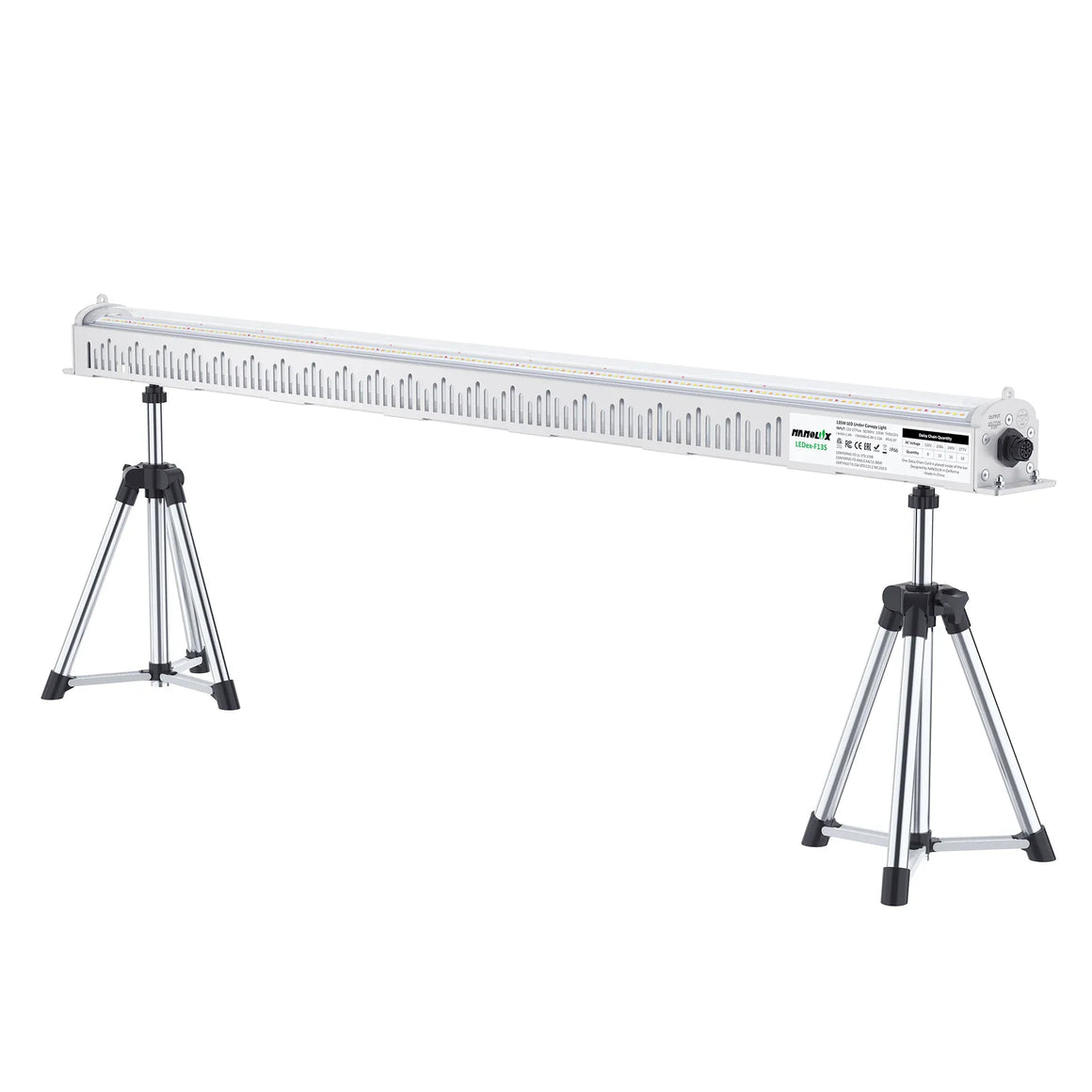 Nanolux LEDex-F135 135W under canopy LED grow light, a white rectangular light bar on two silver tripods.