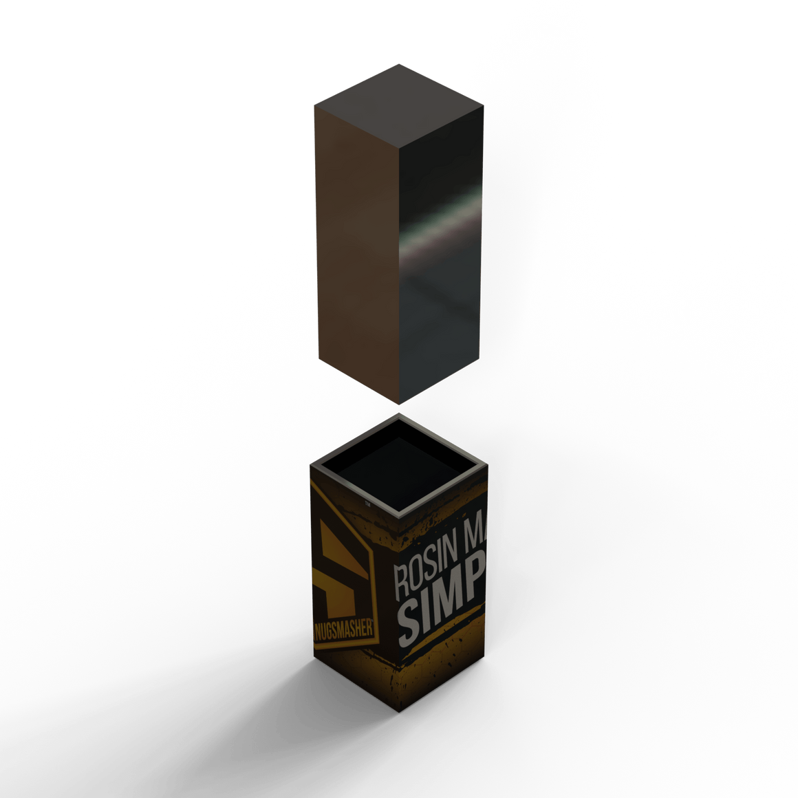 NugSmasher 3.5g pre-press mold with 'ROSIN M SIMP' text, and a reflective pressing block above it.