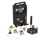 Nugsmasher Mini 2-ton rosin press basic bundle with extraction bags, tools, and accessories on green background.