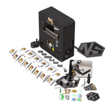 Nugsmasher Pro 20-ton rosin press machine with extraction bags, metal molds, tools, and stickers on green background.