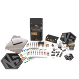 Nugsmasher Touch 12-ton rosin press master bundle with plates, bags, various tools, and stickers on green background.