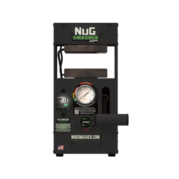 Nugsmasher XP 12-ton rosin press with digital temperature, analog pressure gauge, and hydraulic release valve.