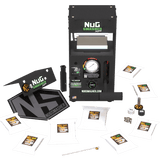 NugSmasher XP 12-ton rosin press basic bundle, including the black machine, multiple white extraction bags, and tools.