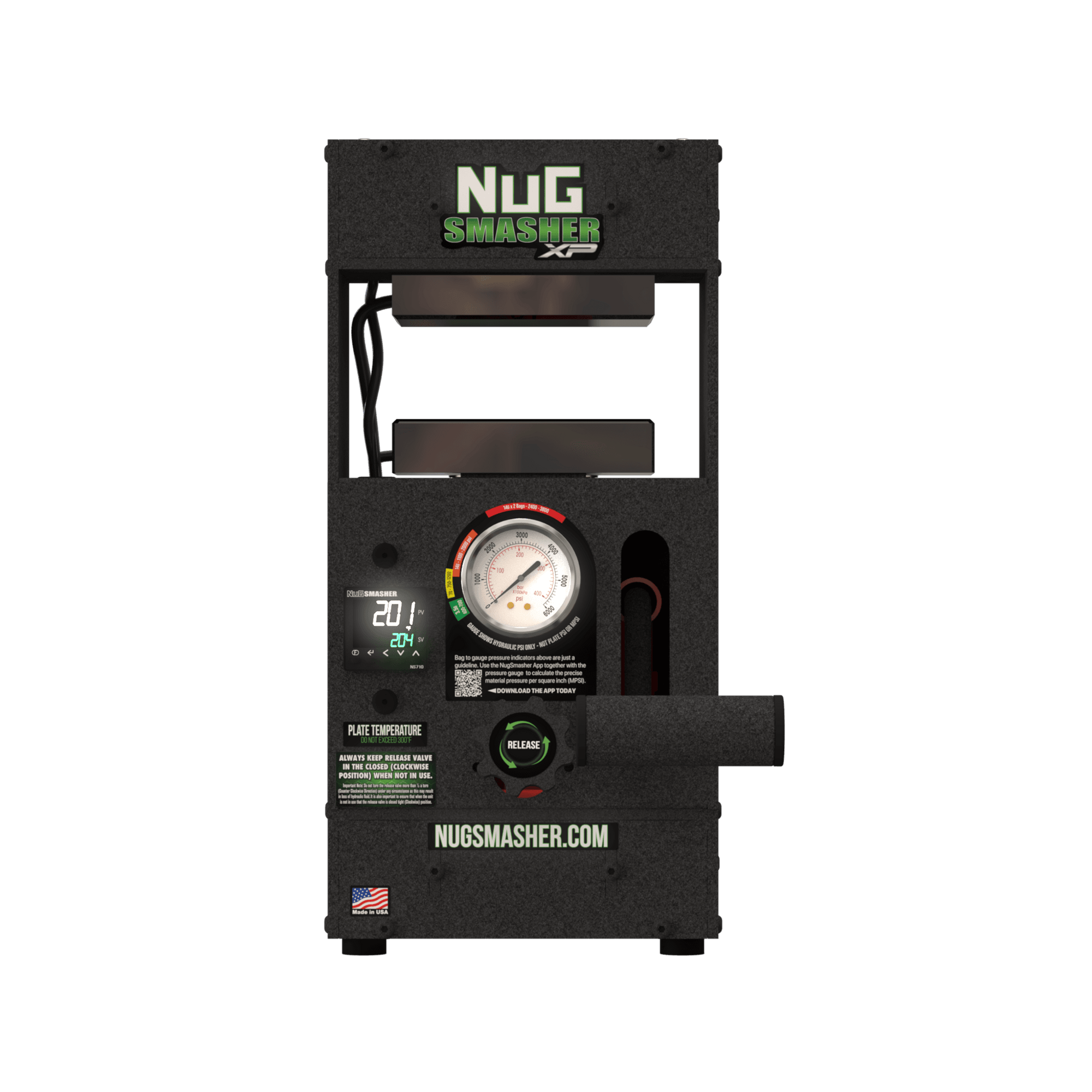 Nug Smasher XP rosin press with digital display, pressure gauge, and release button.