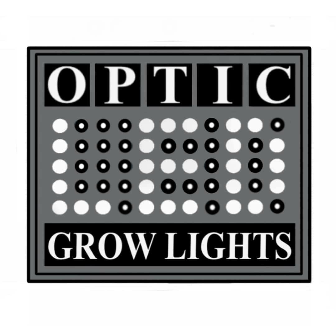 Optic Grow Lights logo: black and white panel with 'OPTIC' text, a grid of LEDs, and 'GROW LIGHTS' text.