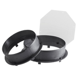 Quest dehumidifier duct kit with two black duct collars and a white hexagonal mounting plate.