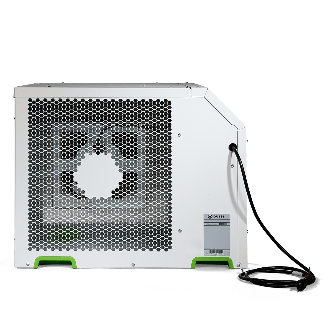 Quest 155 pint dehumidifier with large hexagonal fan grill and side label.
