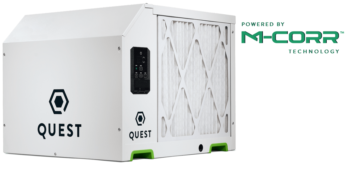 Quest 155-pint dehumidifier with M-Corr Technology and hexagonal logo