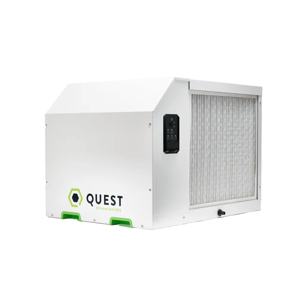 White Quest 335 dehumidifier (350 pints/day), green accents, visible pleated filter, and control panel.