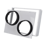White exhaust duct kit with a panel featuring two black circular ports and a metal mounting frame.