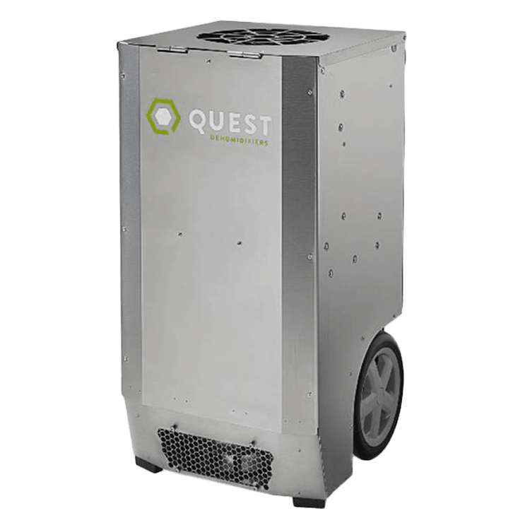 Quest CDG 174 portable dehumidifier. Silver unit with wheels, a front vent, and 176 PPD capacity.