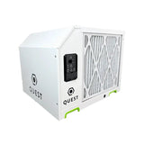 White Quest Next Gen 225 dehumidifier with a black control panel, visible filter, and green base accents.