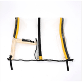 Two Resinator XL drum screens, translucent white with black and yellow striped borders and securing straps.