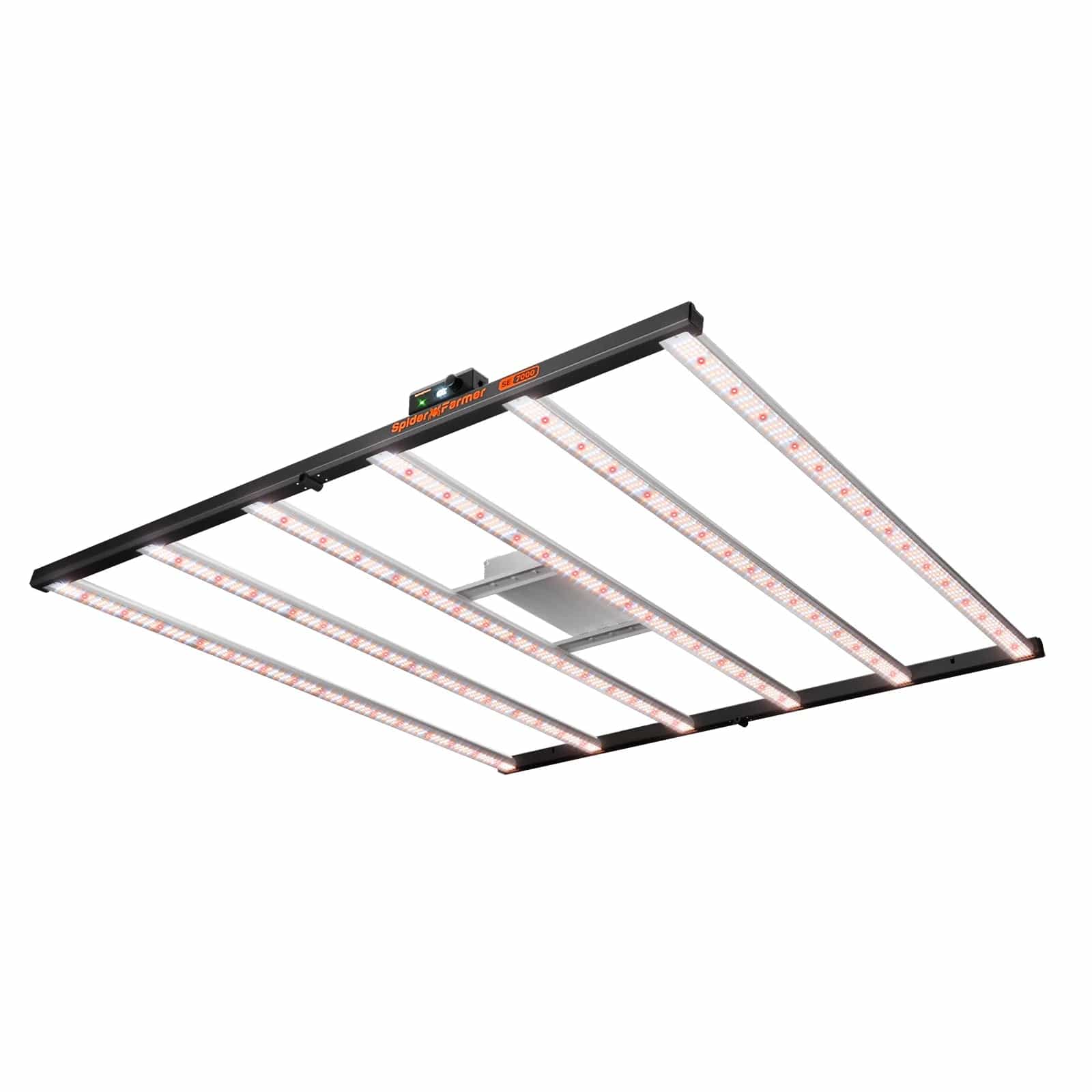Spider Farmer SE7000 full spectrum LED grow light for plants, featuring multiple illuminated bars and a central control unit.