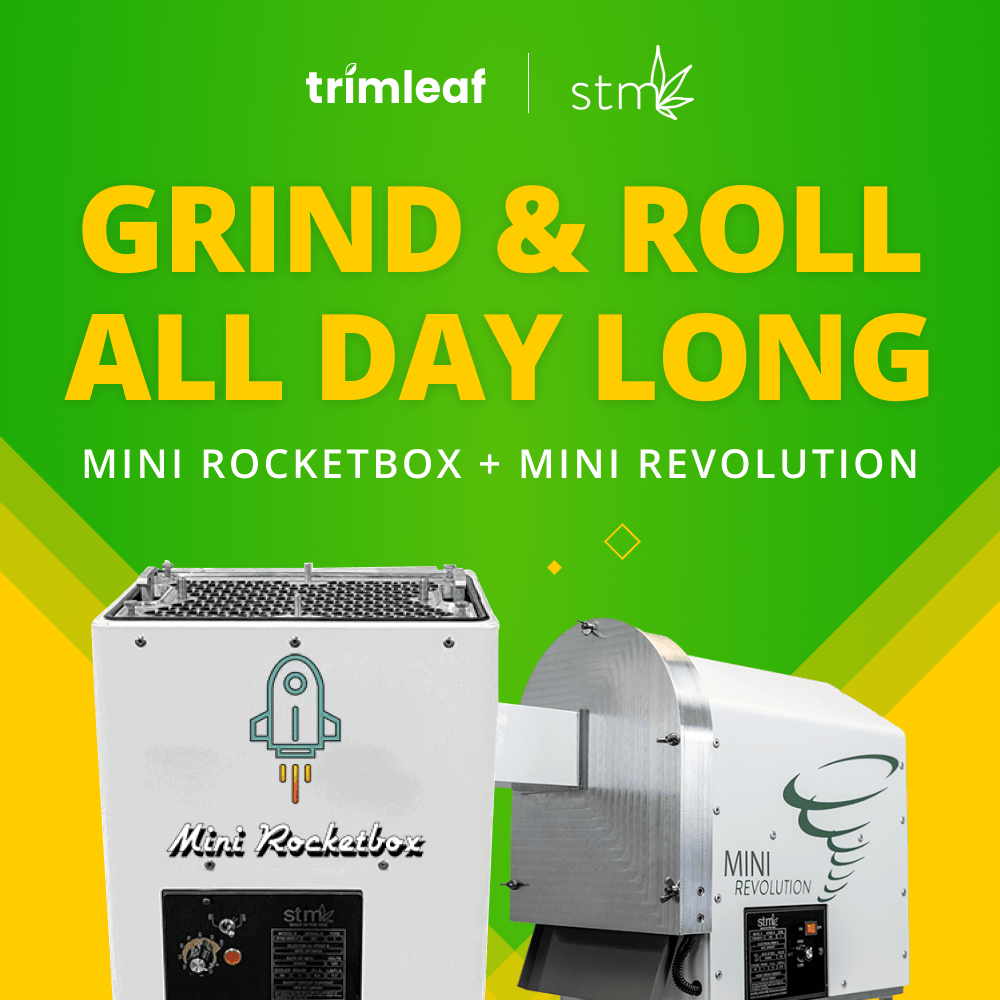 STM Canna Mini Rocketbox and Mini Revolution machines for grinding and rolling, shown on a green and yellow ad.