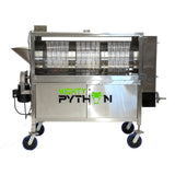 Mighty Python dry bud trimming machine. Stainless steel, large mesh drum, hopper, and casters.