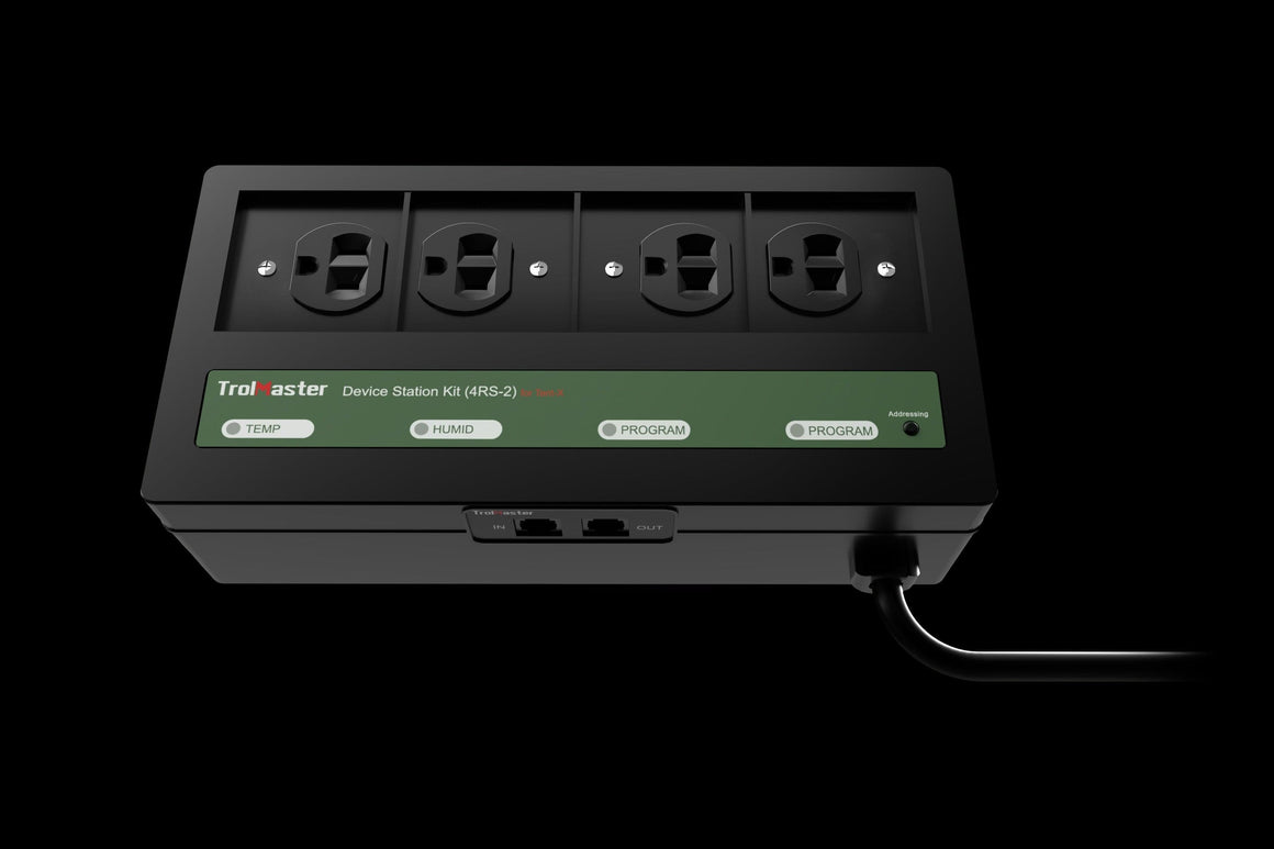 TrolMaster 4RS-2 device station with four outlets, Tempest humidity sensor, and programming controls.