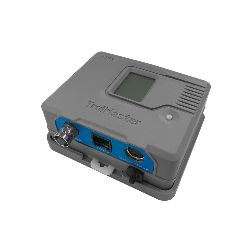Gray TrolMaster AMP-3 with LCD, sensor ports labeled "SENSOR", "SYSTEM", and "EC/TEMP SENSOR".