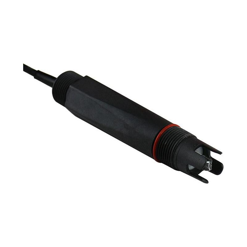 Black EC/temp sensor with red O-ring and a submerged probe tip on a white background.