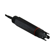 Black EC/temp sensor with red O-ring and a submerged probe tip on a white background.