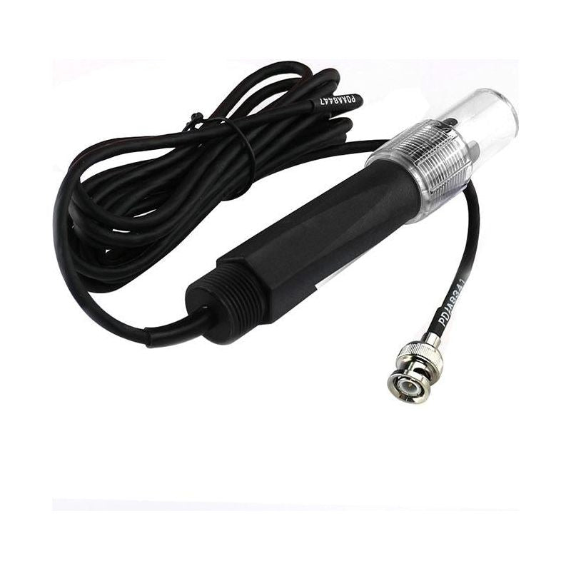 Inline pH sensor with a clear top, black body, and BNC connector.