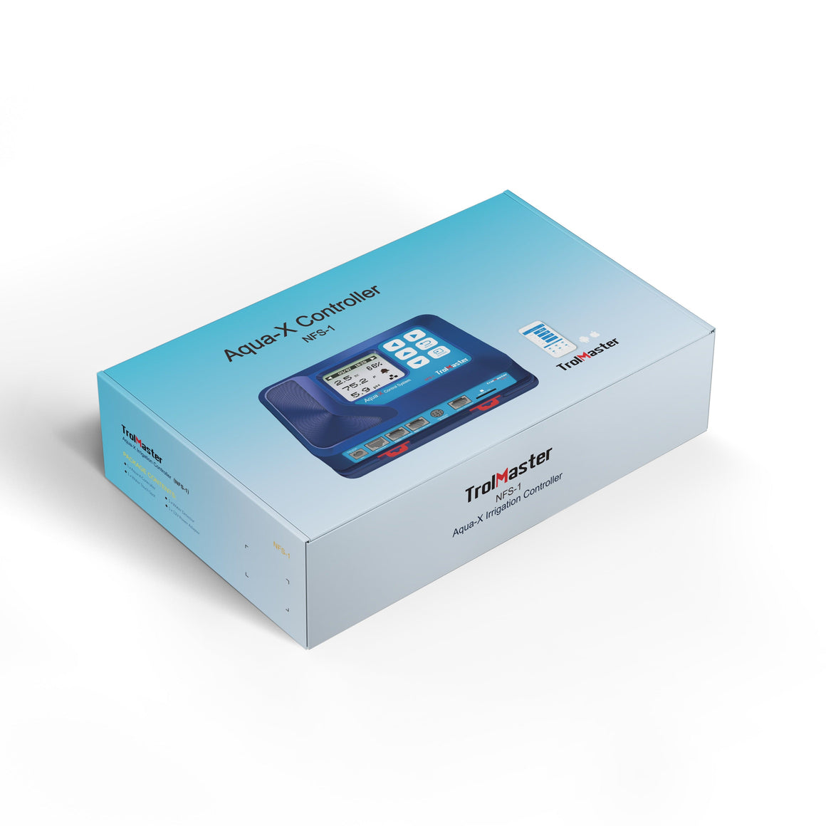 Box for TrolMaster Aqua-X NFS-1 irrigation controller, featuring a blue gradient and image of the controller.