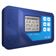 Blue Aqua-X Control System irrigation controller with a digital display and buttons.